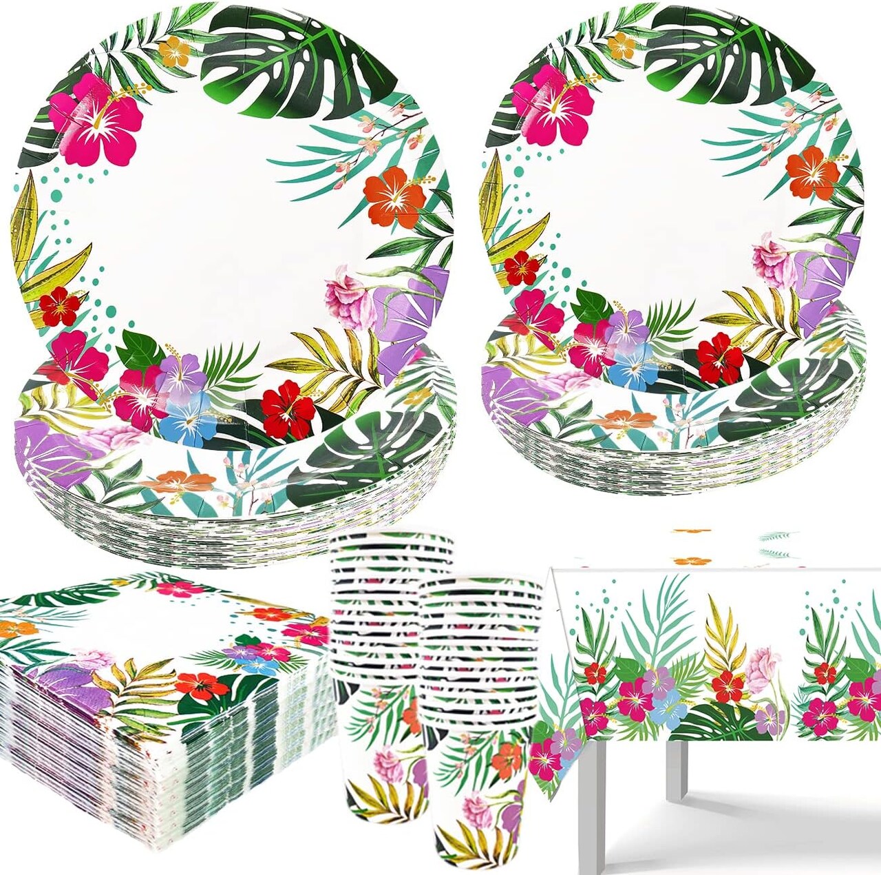 121 PCS Luau Hawaiian Party Decorations - Aloha Tropical Party Tableware Supplies Including Plates, Napkins, Cups and Tablecloth for Summer Pool and Tropical Luau Birthday Party Decor Serves for 30